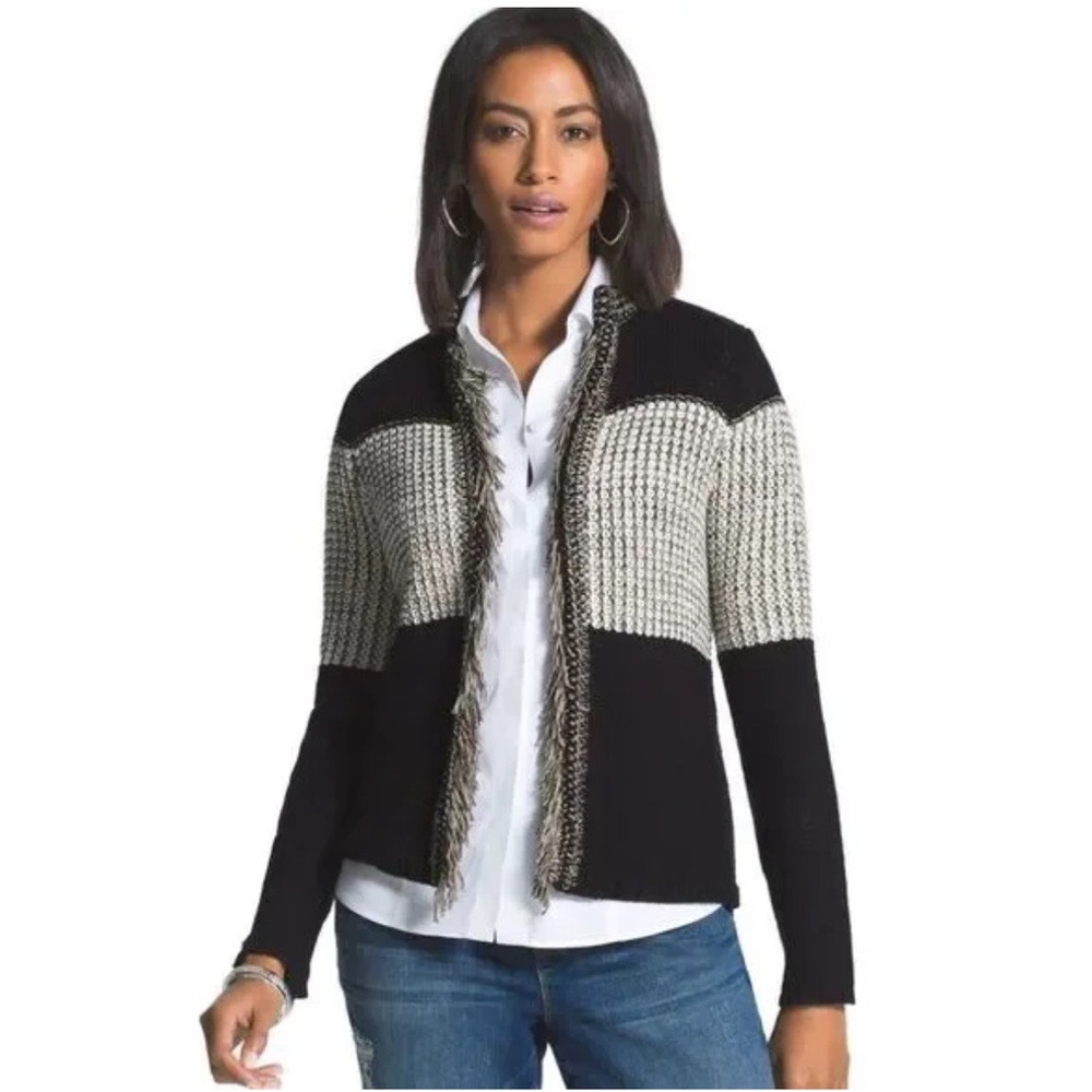 Chicos Blocked Pattern Arlene Fringe Cardigan Large